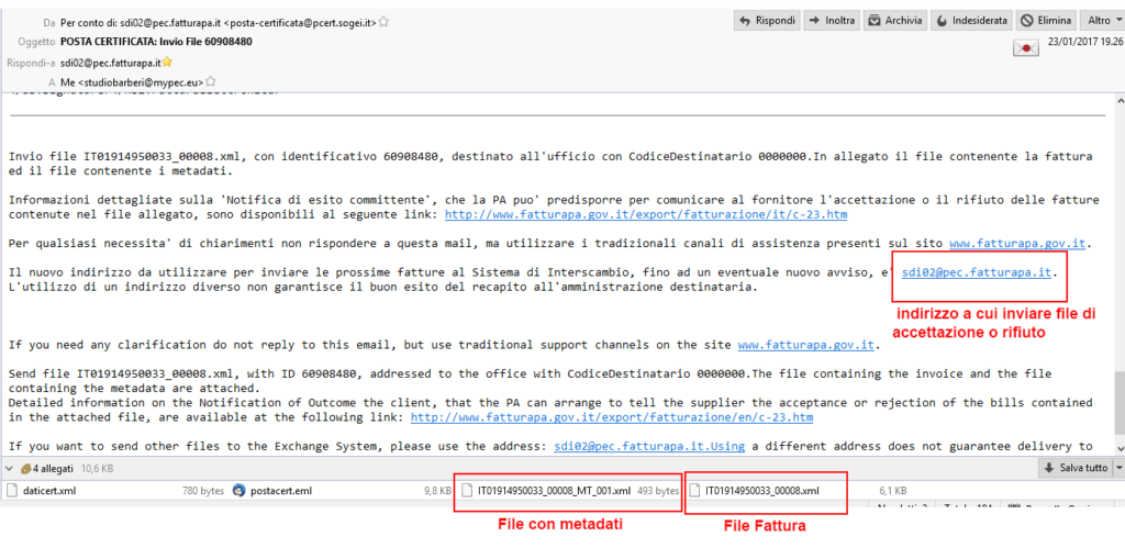 Esempio di mail certificata ricevuta contenente una fattura elettronica. Click per ingrandire